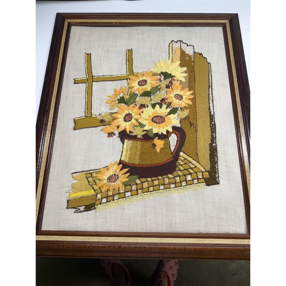 Other - Vintage 70s Crewel Needlepoint Sunflower Floral Wall Art Framed Farmhouse Boho